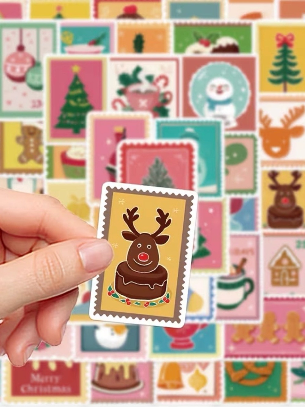 50 Christmas Iridescent Stickers Stamp Style Trees Reindeer Gingerbread Snowman - Picture 5 of 16